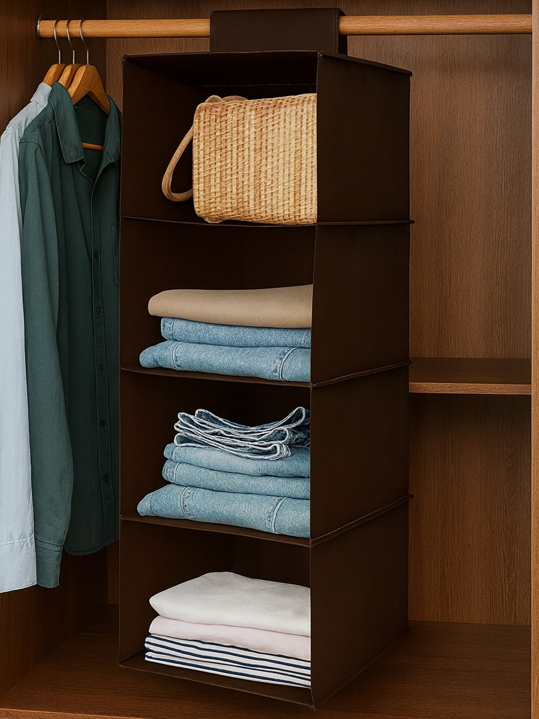 Kuber Industries Brown Non Wovan Foldable 4-shelves Wardrobe Hanging Organizer