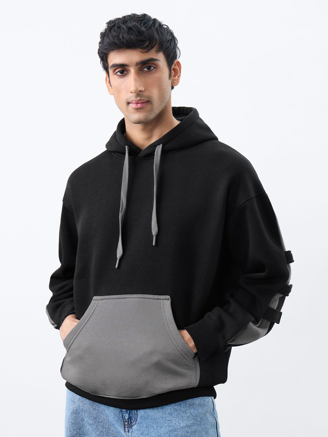 The Souled Store Men Dark Steel Colourblocked Oversized Hoodie Sweatshirt