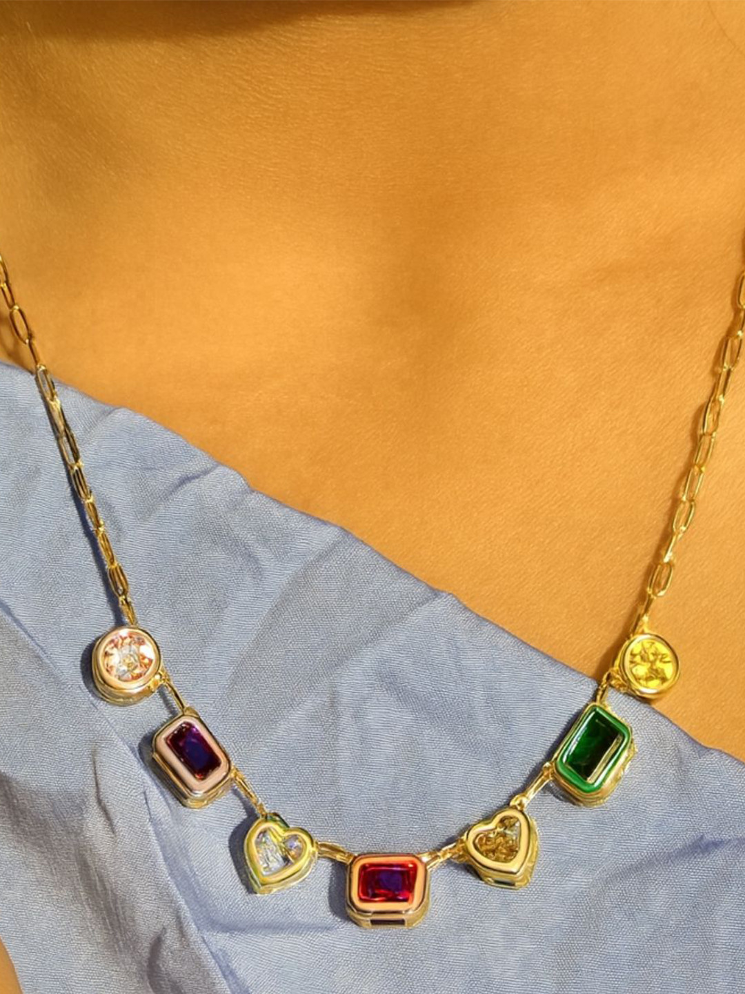 The Jewellery Tale Stainless Steel Gold Plated Stones Studded Statement Link Necklace