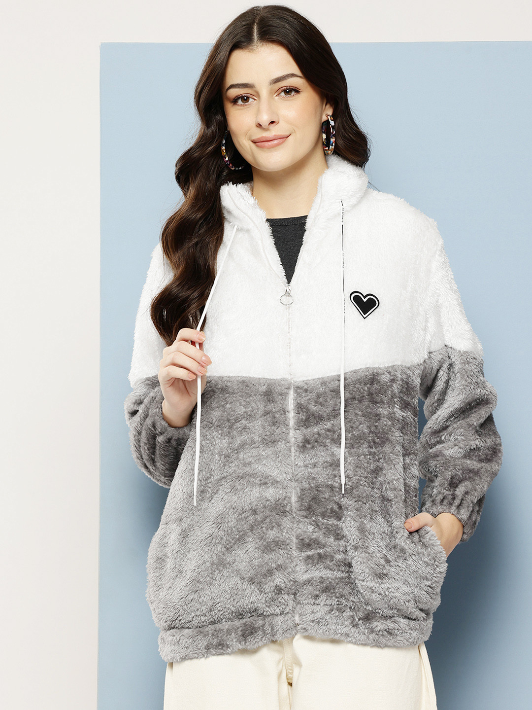 Aarika Colourblocked Faux Fur Mock Collar Bomber Jacket