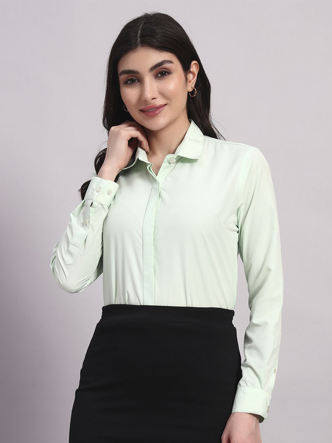 SWAZ Women Light Green Slim Fit Solid Spread Collar Formal Shirt