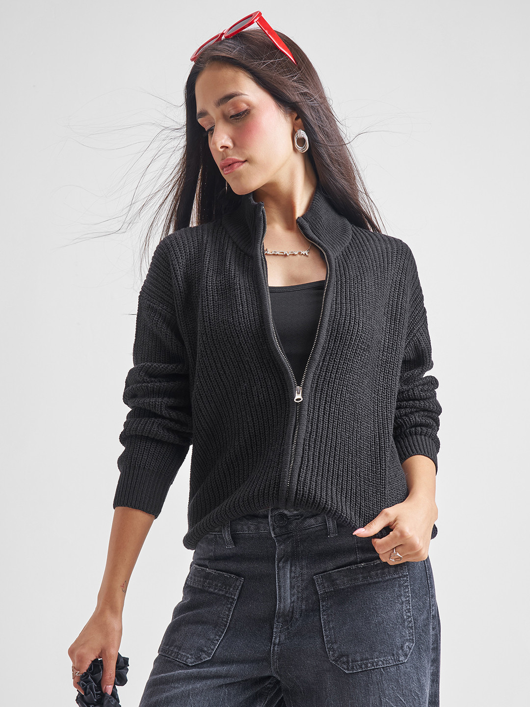 Tokyo Talkies Women Black Cable Knit Acrylic Cardigan