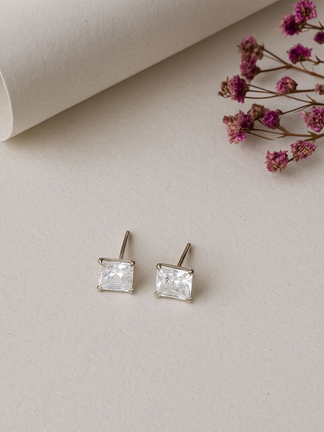 The Jewellery Tale Stainless Steel Silver-Plated Zirconia Studded Square Shaped Studs