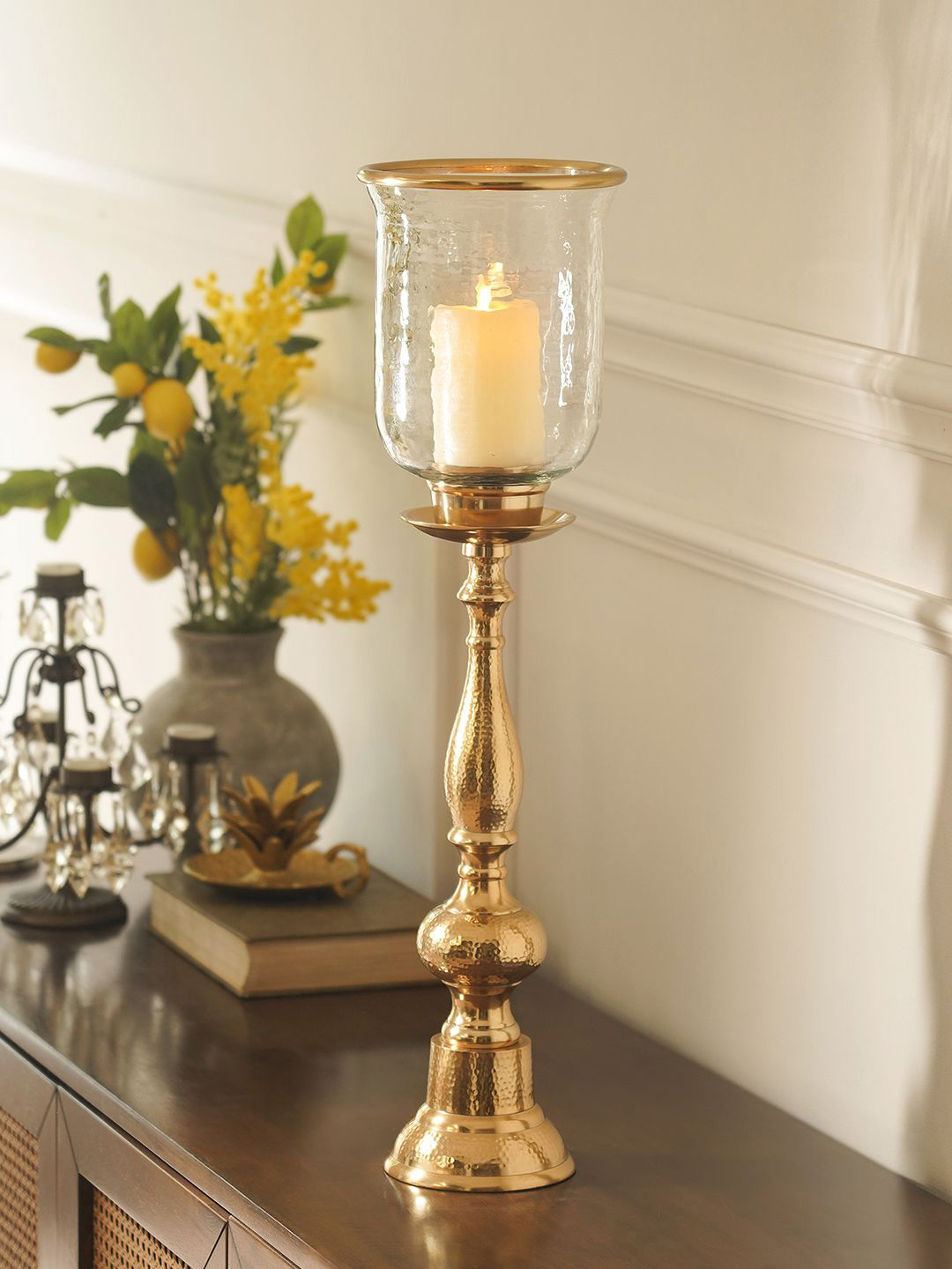 Pure Home and Living Gold-Toned & Transparent Glass Hammered Tall Hurricane Candle Holder