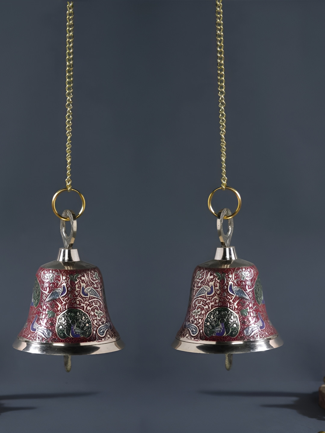 CraftVatika Red & Green Carved Brass Wall Hanging Temple Pooja Bell With Chain