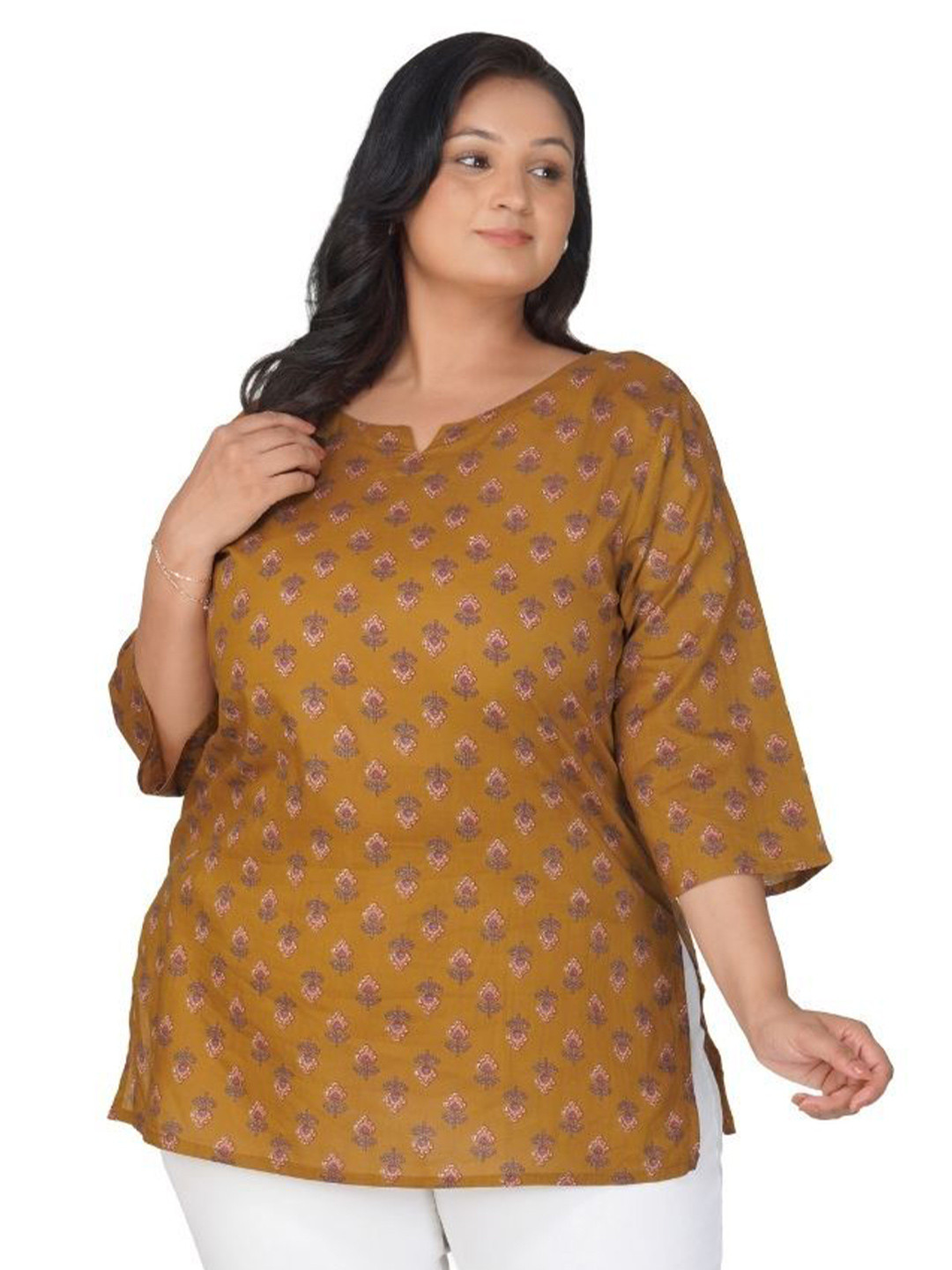 30 Looks Dark Mustard Plus Size Cotton Printed Kurti