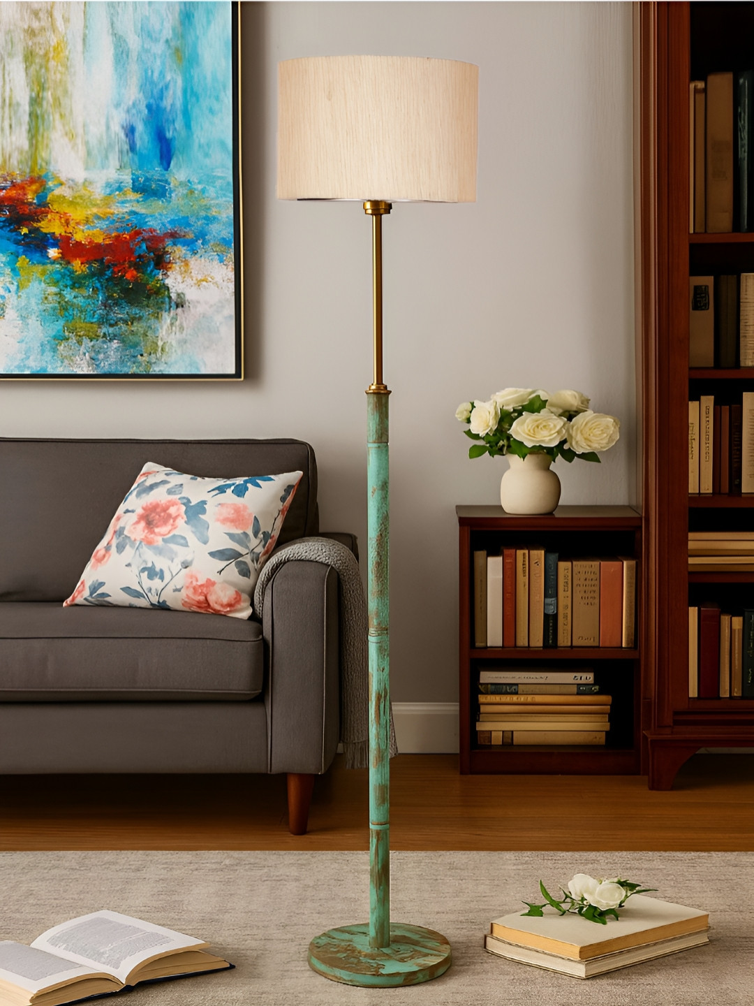 Devansh Off-White & Green Textured Drum Shade Cylinder Floor Lamp