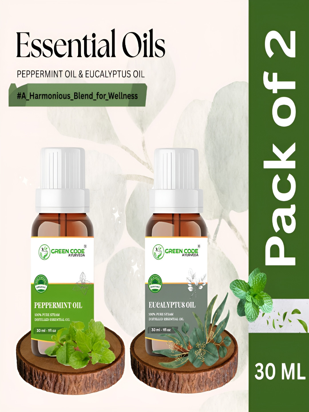 GREEN CODE AYURVEDA Set Of 2 100% Pure Peppermint & Eucalyptus Essential Oils - 30 ml Each