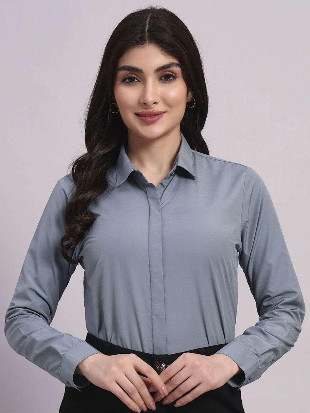 SWAZ Women Steel Blue Slim Fit Solid Spread Collar Formal Shirt