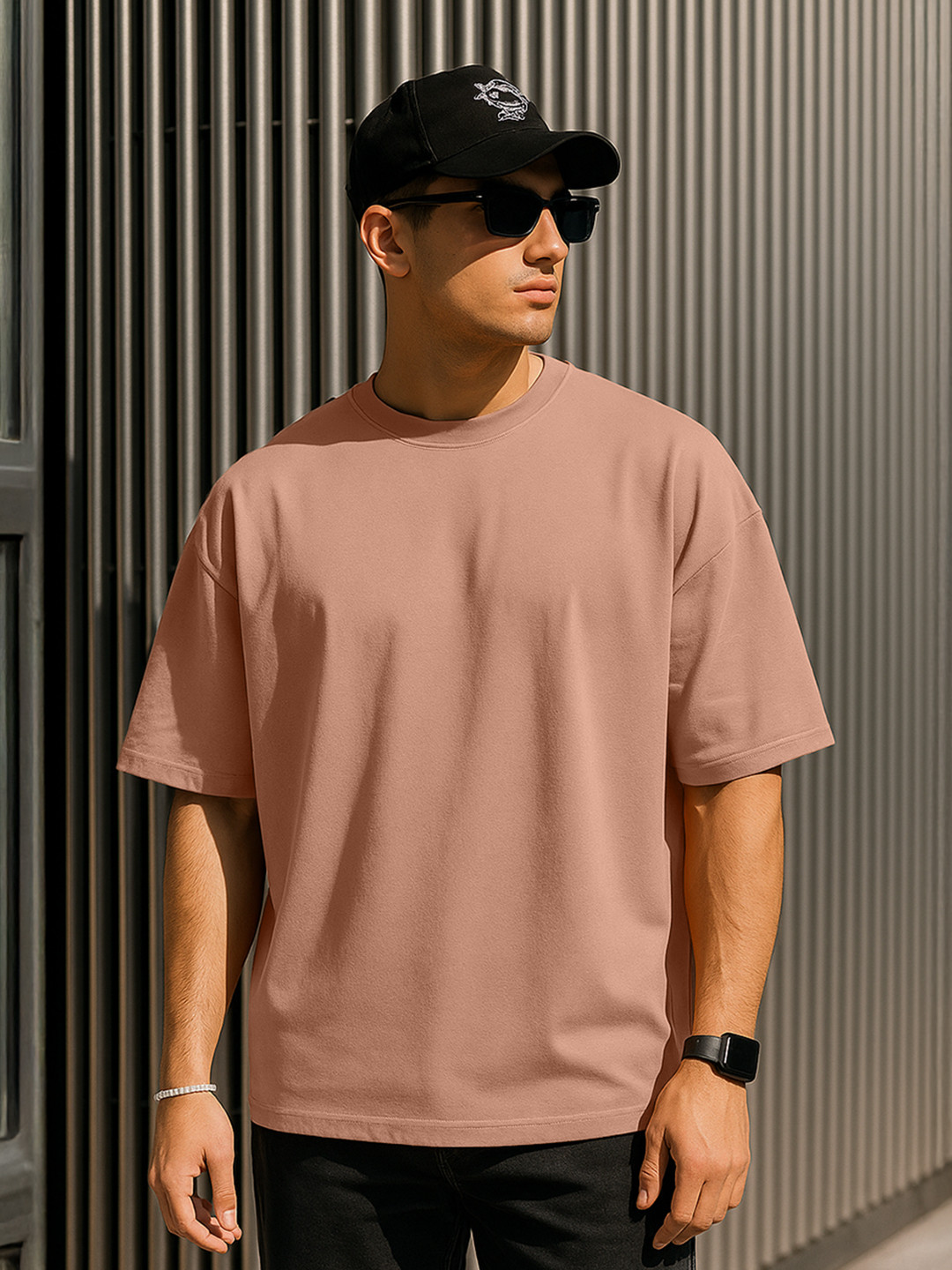 VEIRDO Brown Drop-Shoulder Sleeves Pure Cotton Oversized T-shirt