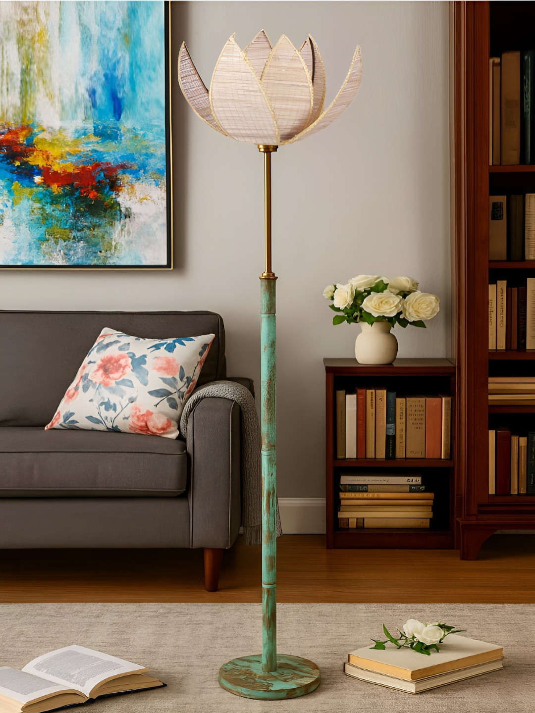 Devansh Beige & Green Textured Bamboo Shade Rose Floor Lamp