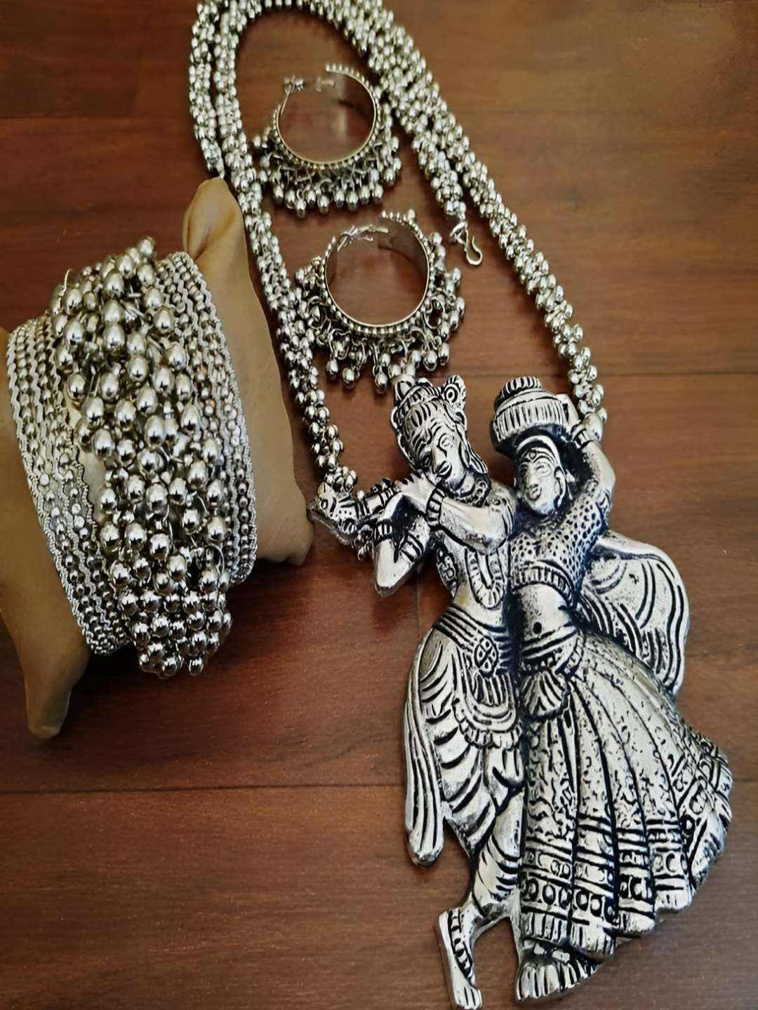 JOHARKAMAL Silver Plated Radha-Kishan Long Temple Necklace And Earrings With Bracelet