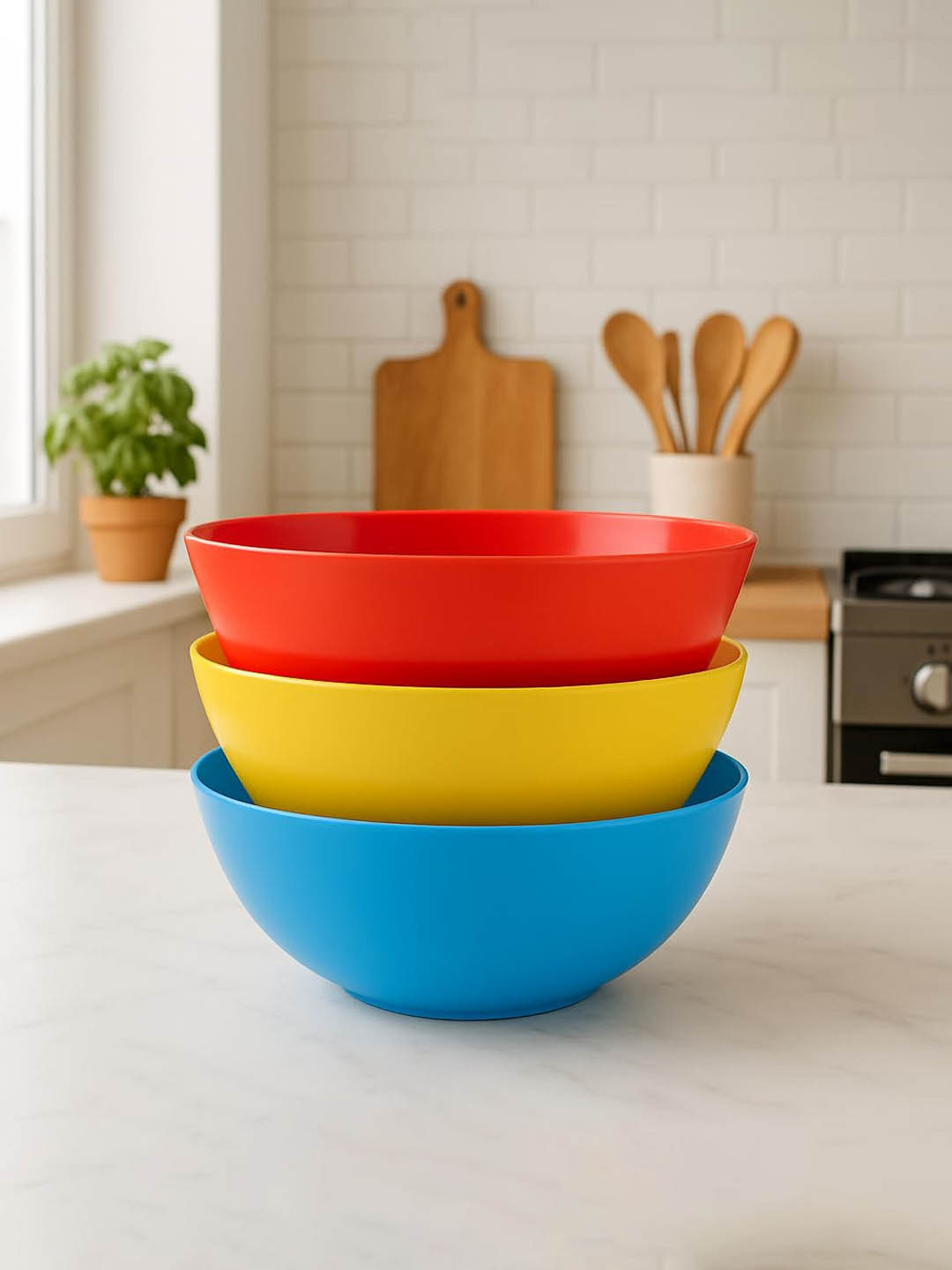Kuber Industries Yellow & Blue 3 Pieces Plastic Mixing Bowl - 2000 ML Each