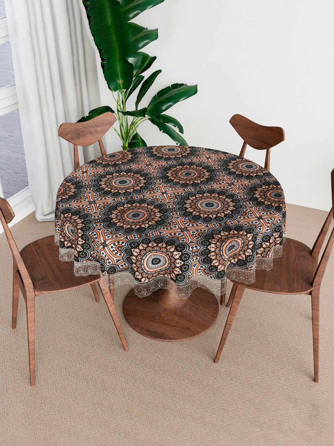 Aura Black & Brown Rangoli Design Anti-Skid Round 4 Seater Table Cover