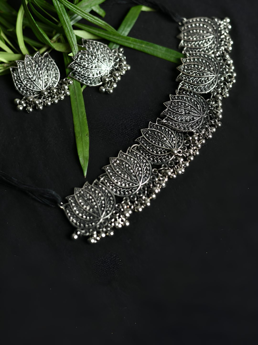 JOHARKAMAL Silver Plated Lotus Oxidised Choker Necklace And Earrings