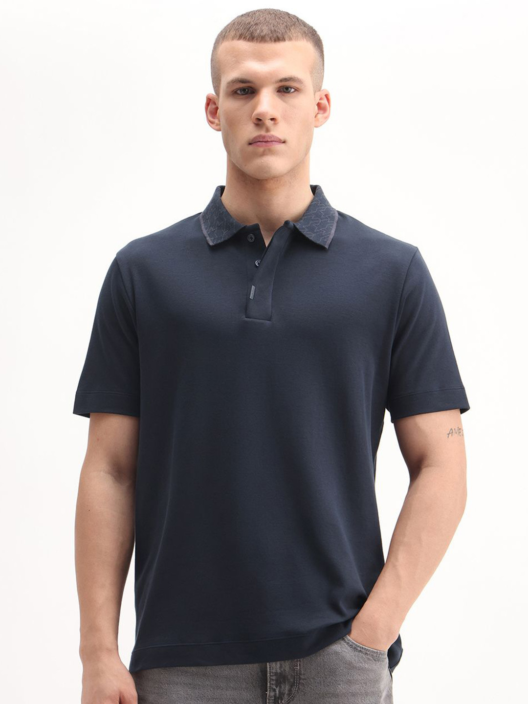 RARE RABBIT Men Plain Spread Collar Half Sleeve Cotton Regular Fit Polo T-Shirt