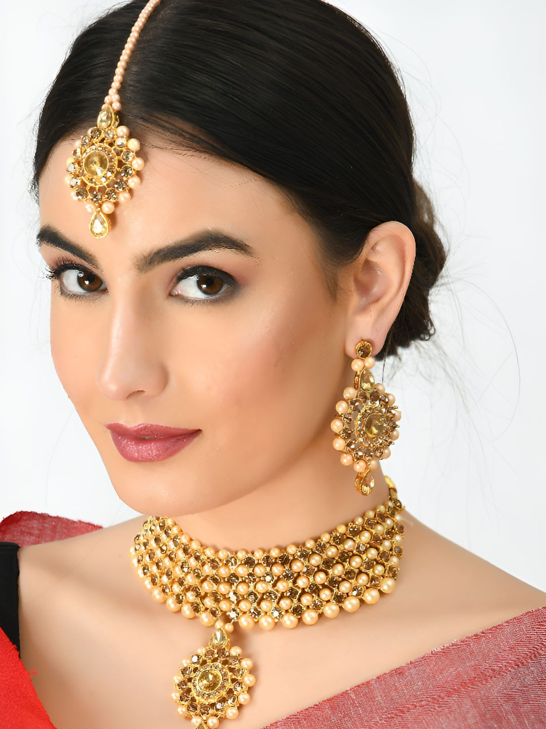 JOHARKAMAL Gold Plated Stones & Pearls Beaded Choker With Earrings & Mang Tika
