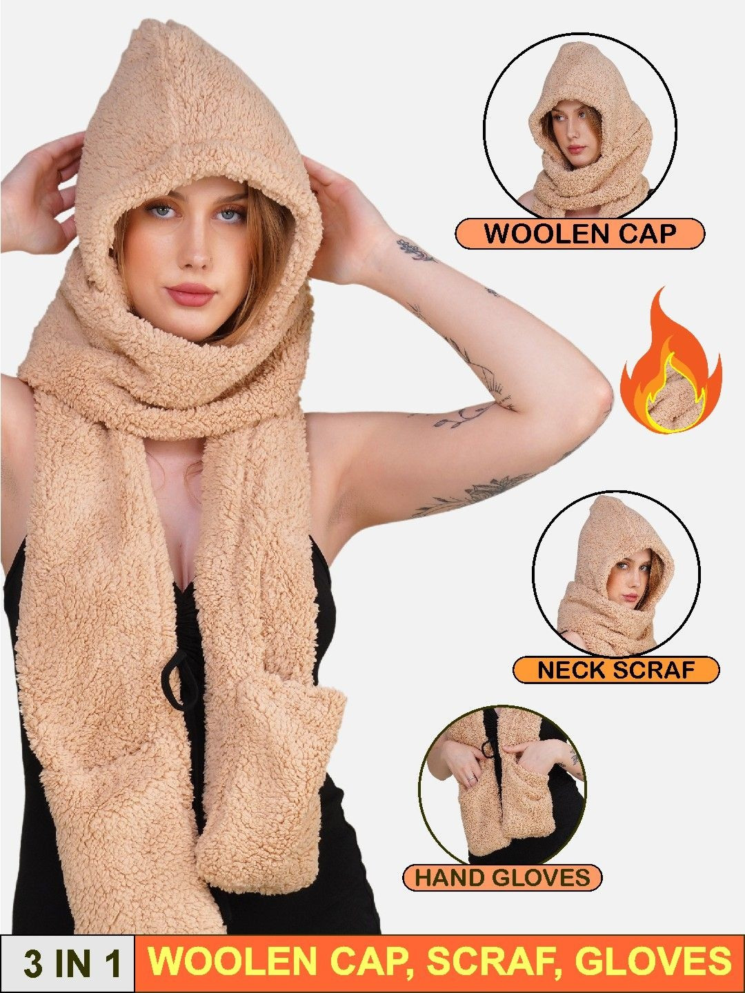 TOMKOT Women Woollen Scarf With Cap & Glove