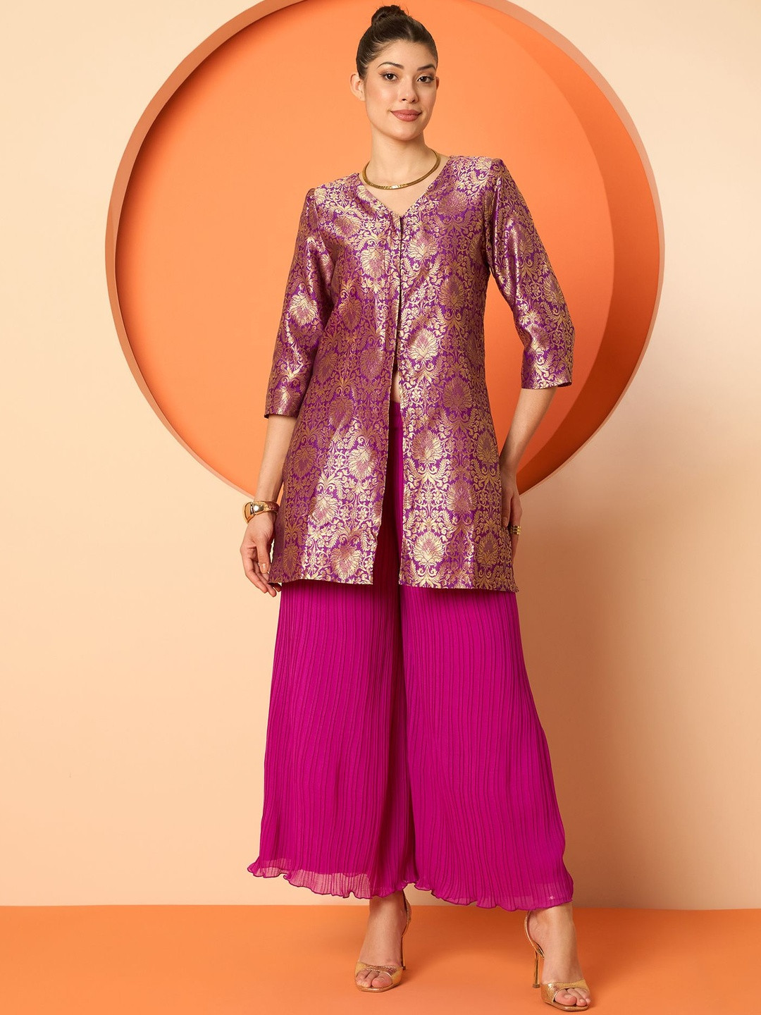 Antheaa Brocade V-Neck Coat With Palazzos