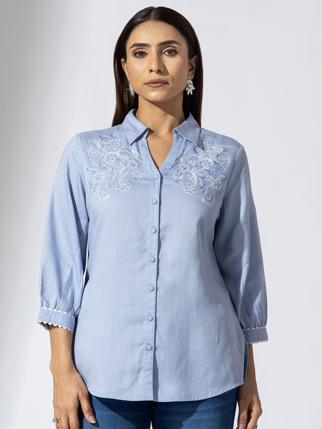 Mustard Floral Emboridered Shirt Collar Cuffed Sleeves Shirt Style Top
