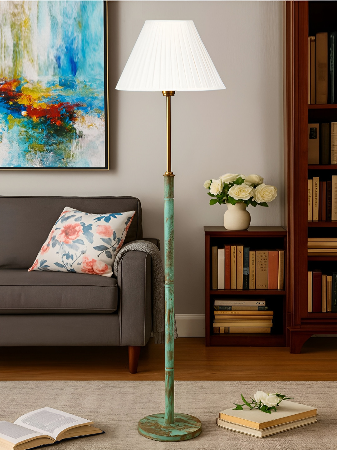 Devansh Off-White & Green Textured Straight Pleated Soft Back With Wooden Base Floor Lamp