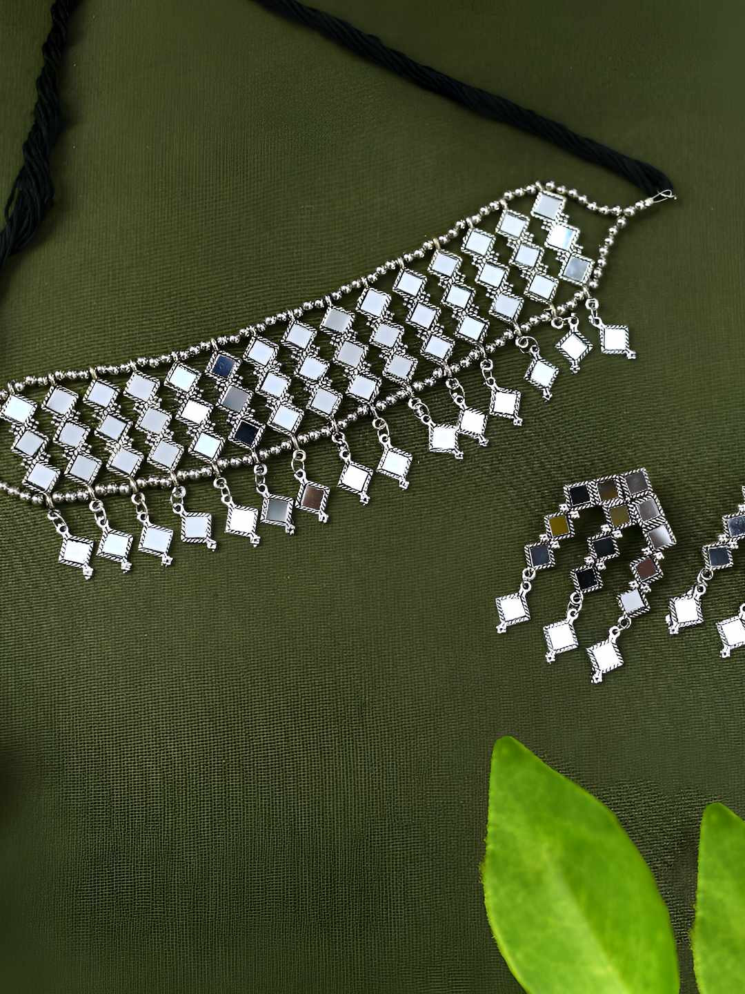JOHARKAMAL Silver-Plated Oxidised Choker Necklace With Earrings