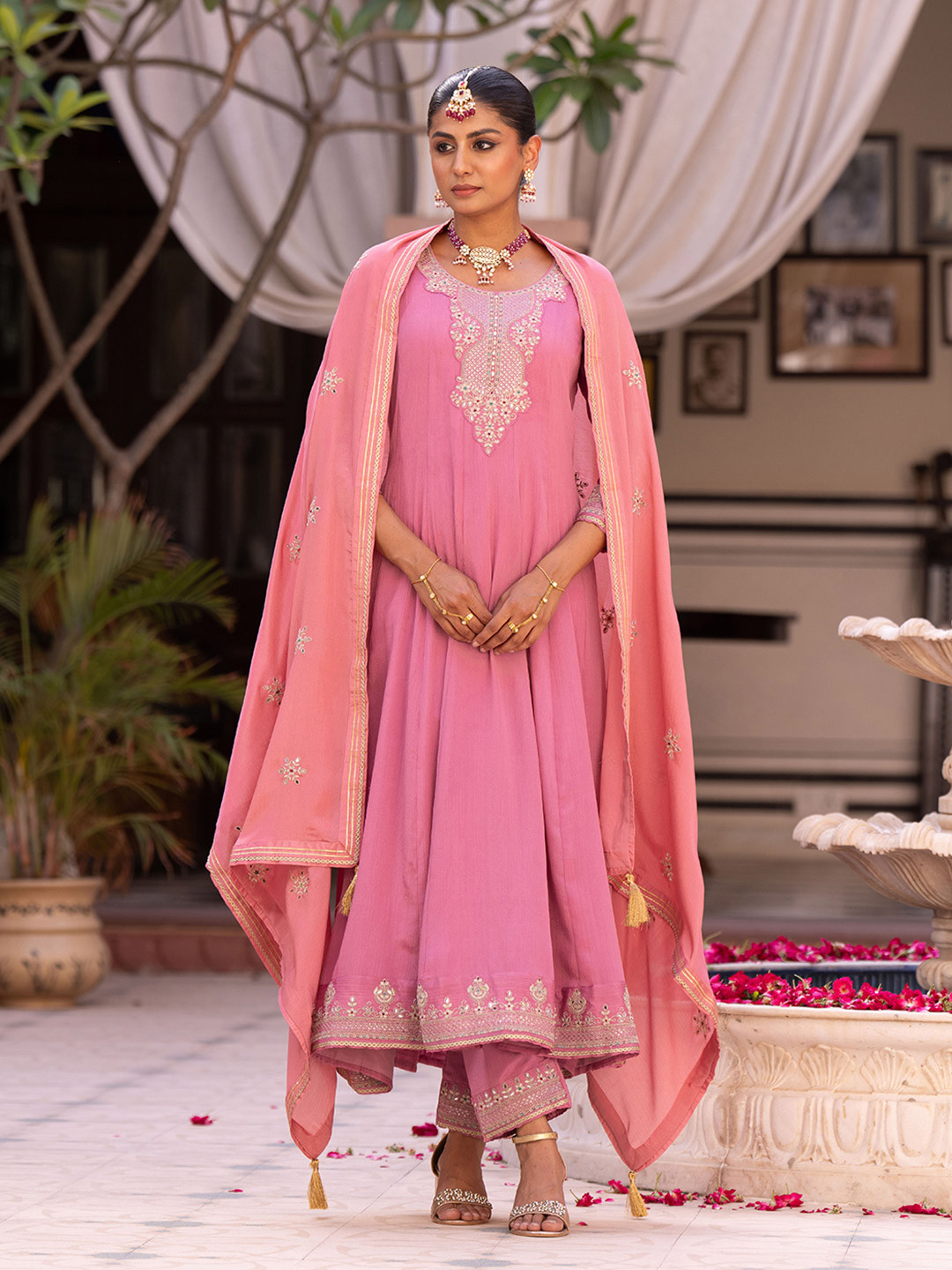 CHHAAP Women Ethnic Motifs Self Design Pleated Mirror Work Kurta with Trousers & Dupatta