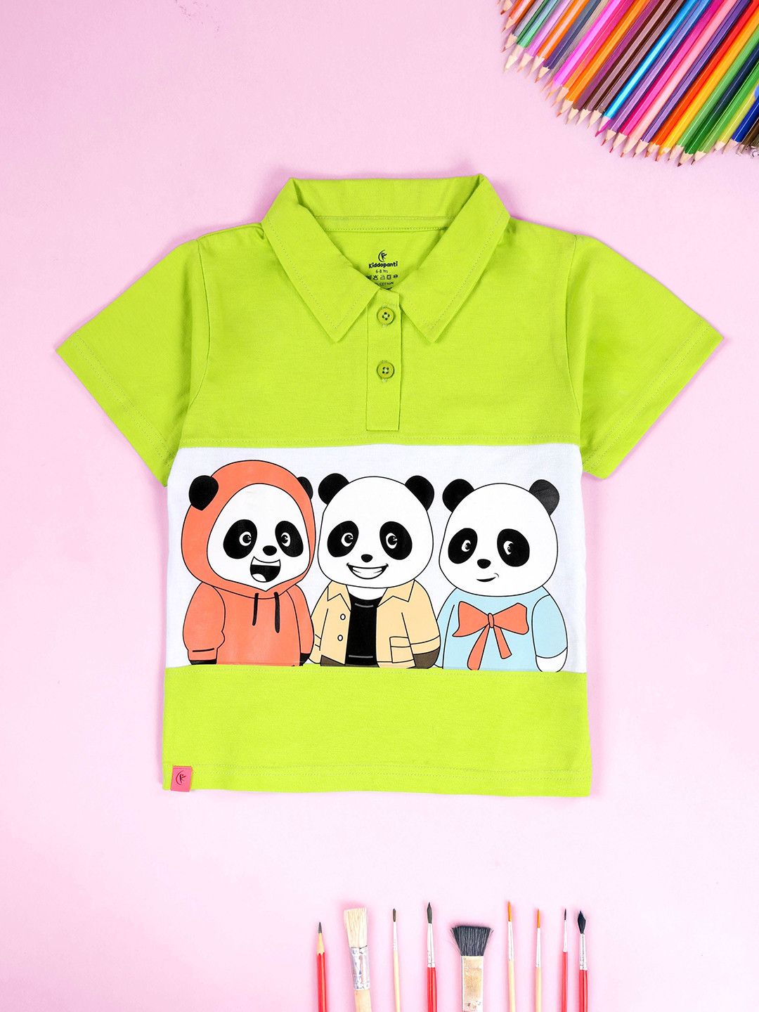 KiddoPanti Girls Cartoon Panda Graphic Printed Pure Cotton Polo Collar T-shirt