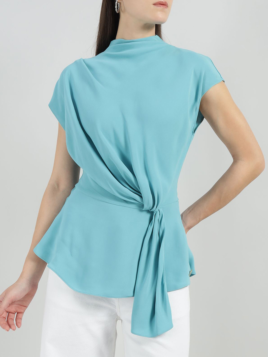 Karl Lagerfeld Women High Neck Knot Peplum Top
