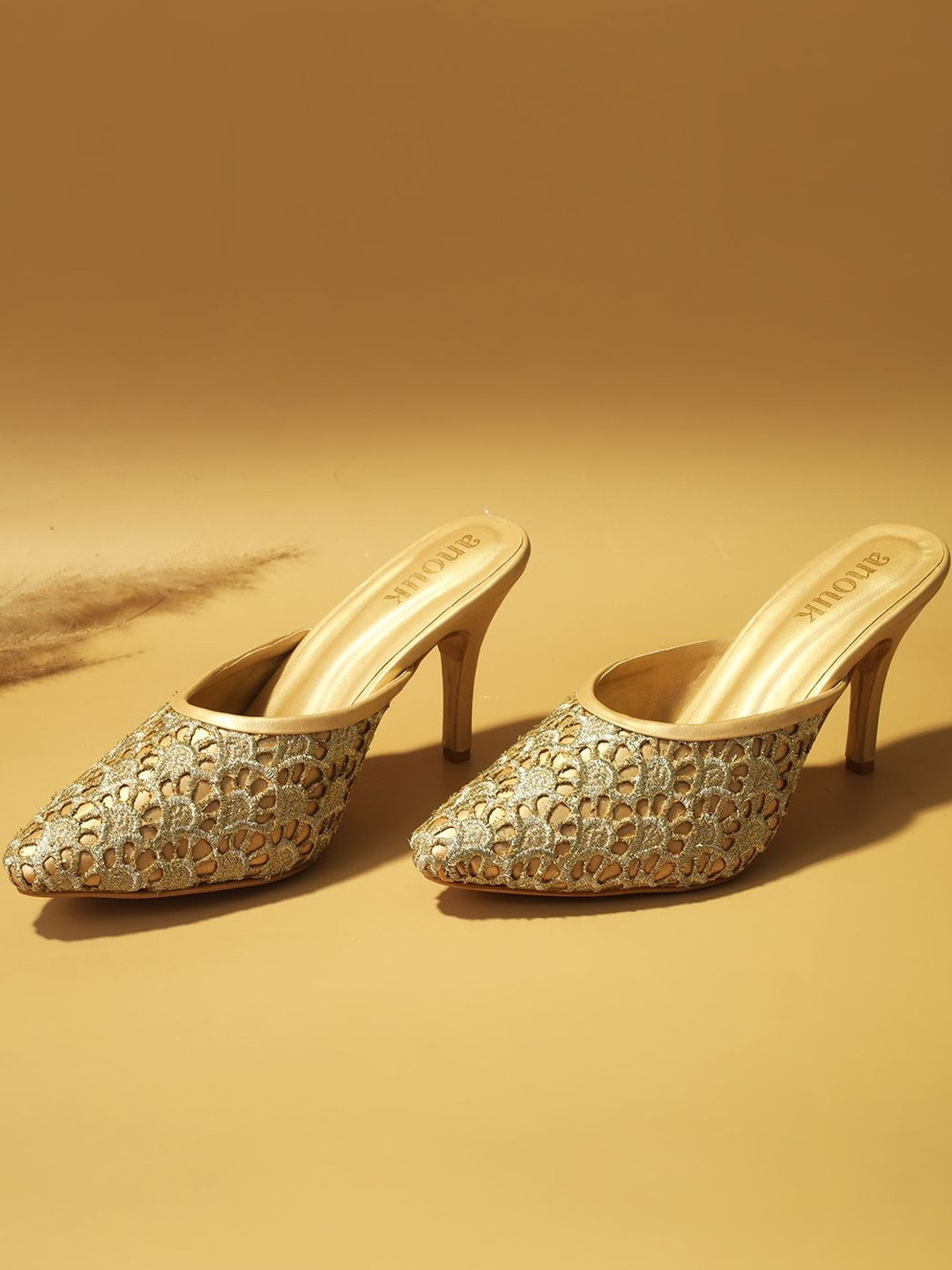 Anouk Women Beige Embellished Party Slim Open Back Heeled Sandals