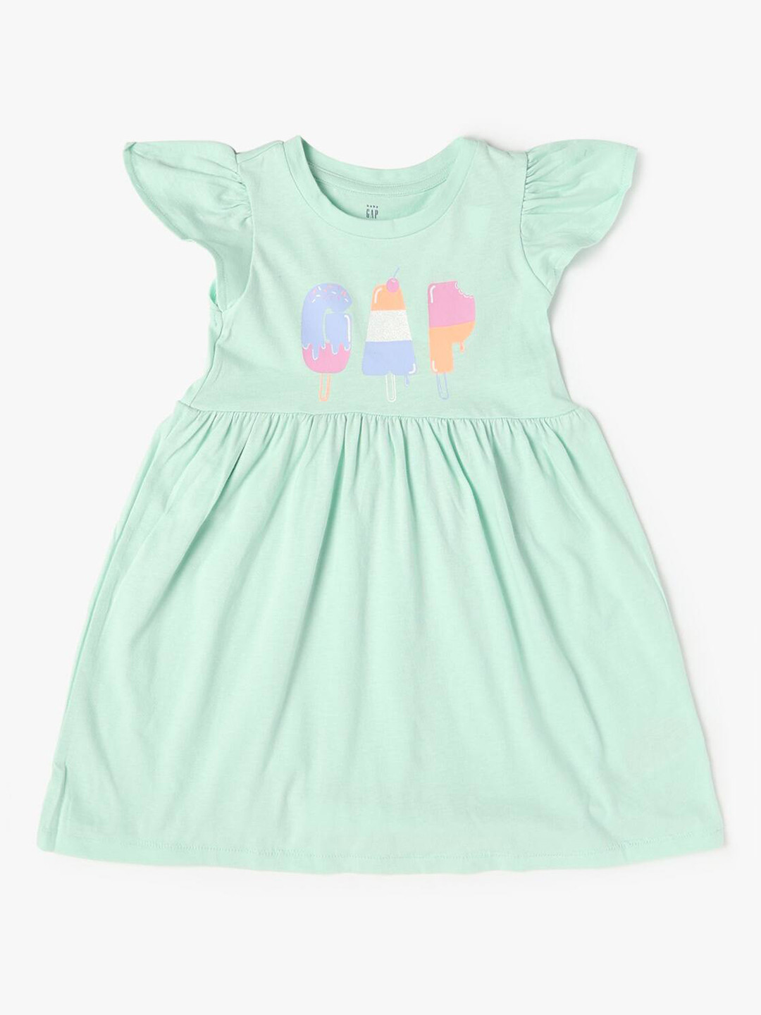 GAP Girls Brand Logo Printed Flutter Sleeve Pure Cotton Fit & Flare Dress