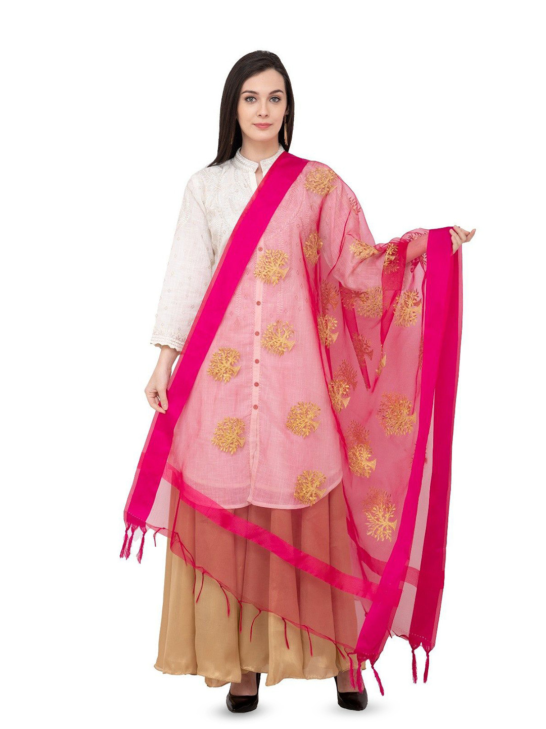 A R SILK DUPATTA HUB Floral Embroidered Thread Work Art Silk Dupatta