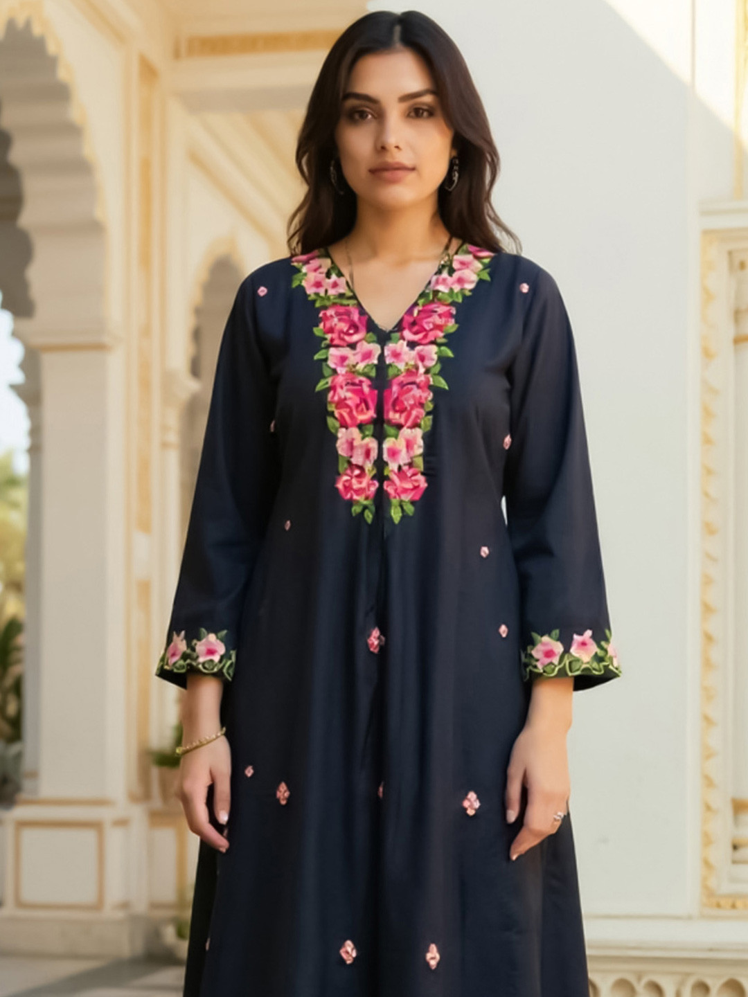 Indo Era Women Floral Embroidered Kurta with Trousers