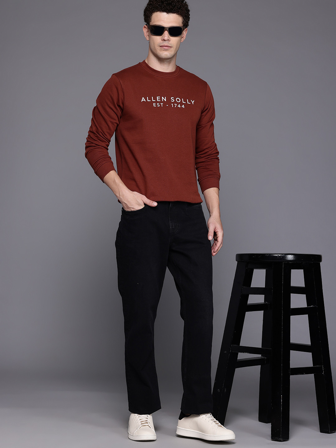 Allen Solly Brand Logo Printed Round Neck Sweatshirt with Inner Fleece