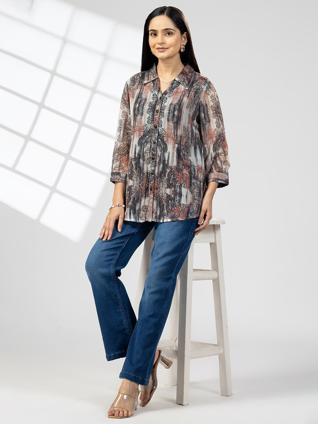 Mustard Women Original Fit Abstract Printed Spread Collar Casual Shirt