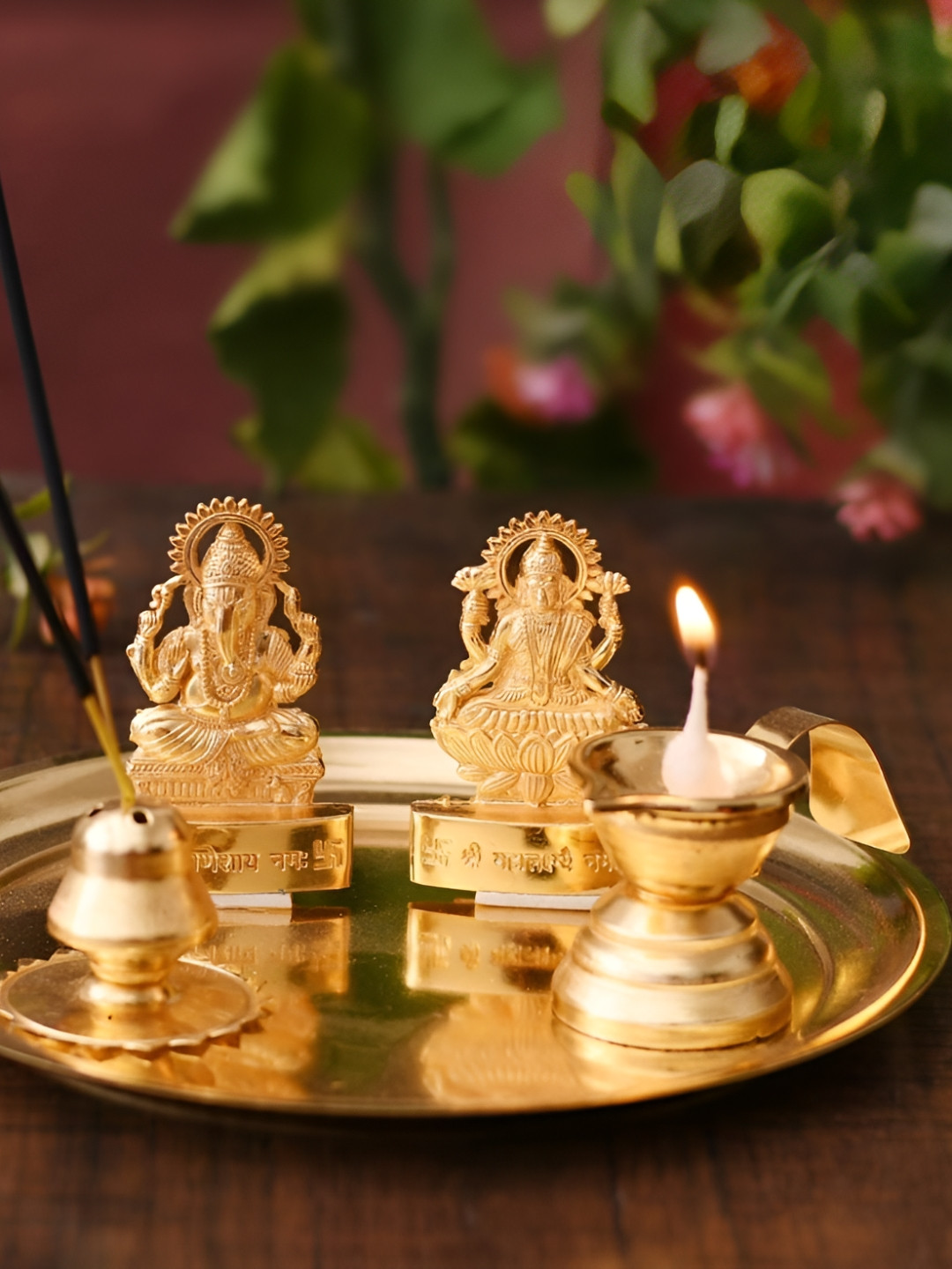CraftVatika 10Pcs Yellow Laxmi-Ganesha Pooja Thali Set