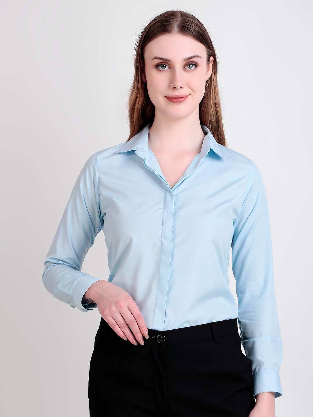 SWAZ Women Sky Blue Slim Fit Solid Spread Collar Formal Shirt