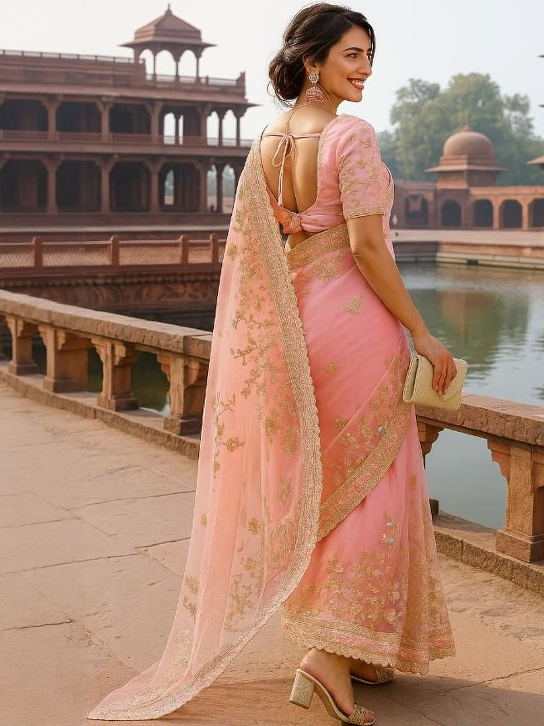 HERE&NOW Peach Net Embroidered Sarees