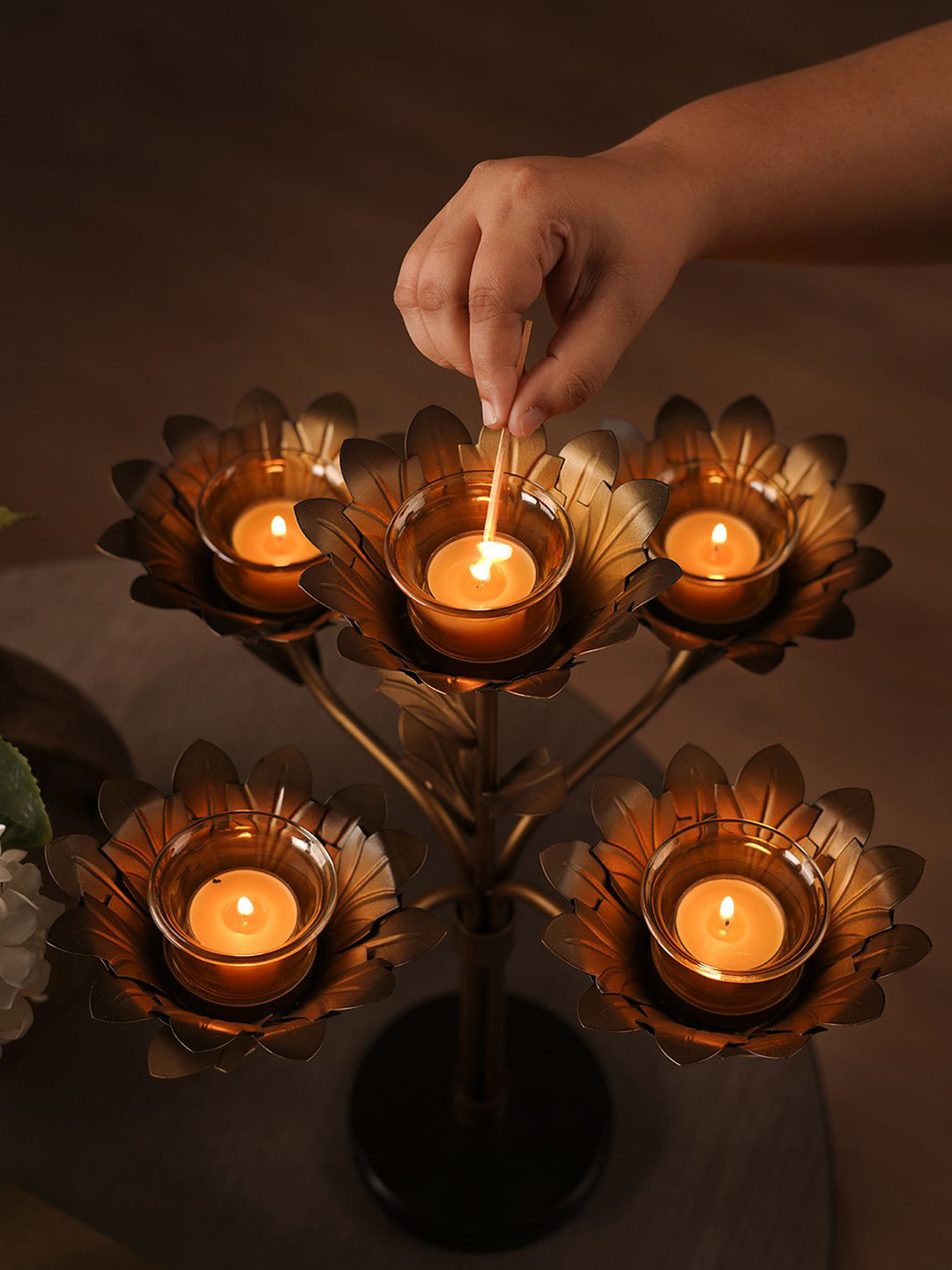 Pure Home and Living Bronze Colored & Black Lotus Shaped 5 Arm Candelabra Candle Holder