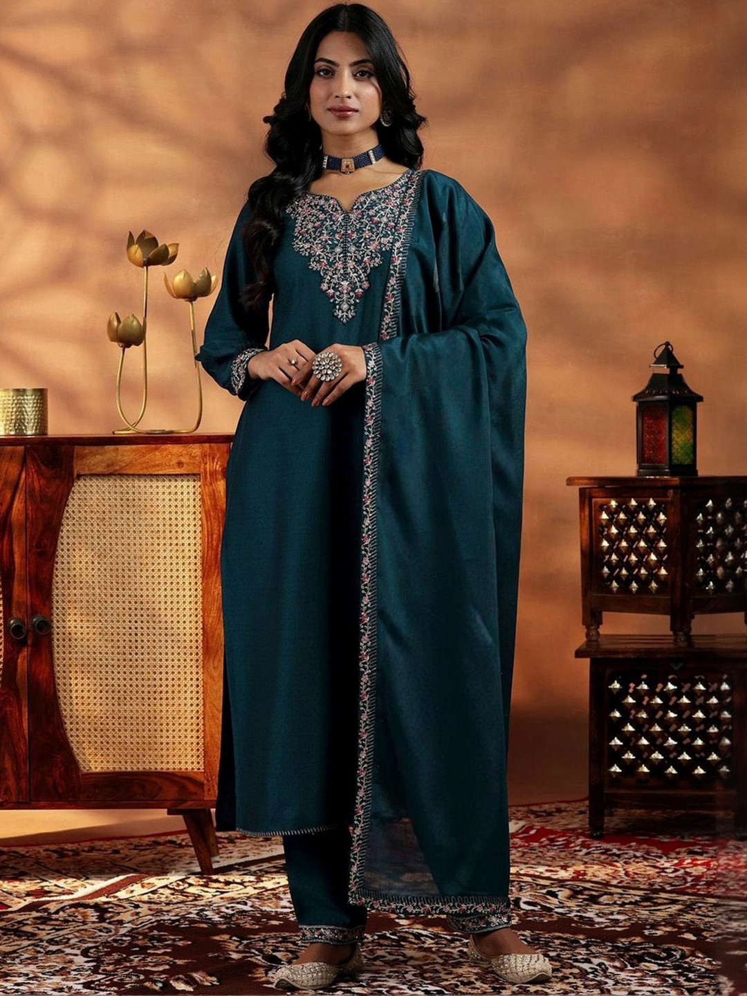 KALINI Women Blue Vichitra Silk Round Neck Straight Embroidery Kurta Set