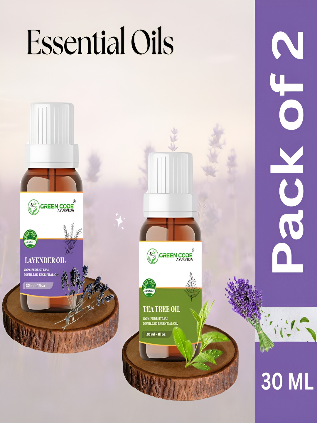 GREEN CODE AYURVEDA  Set Of 2 100% Pure Tea Tree & Lavender Essential Oils - 30 ml Each