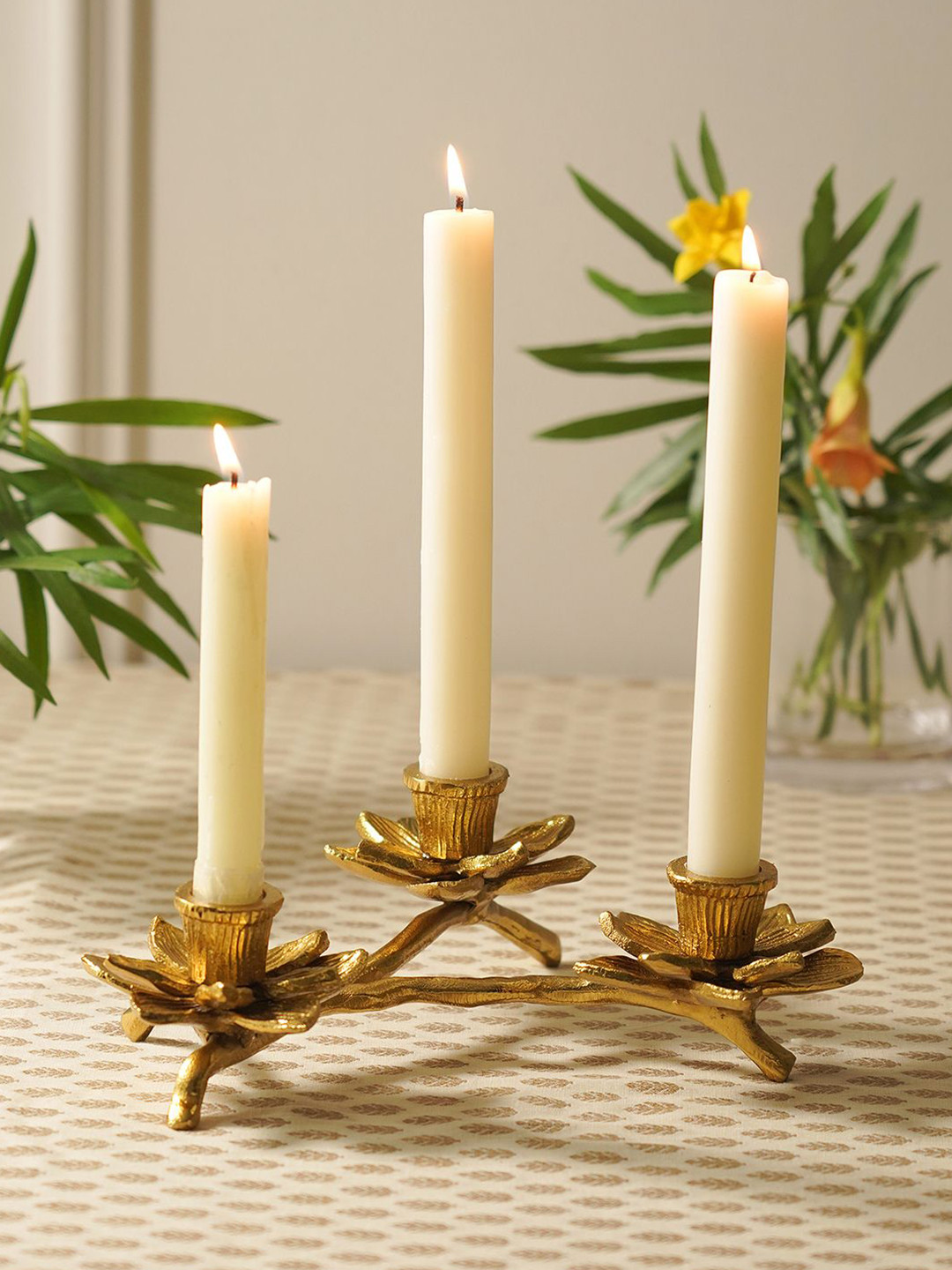 Pure Home and Living Gold-Toned 3 Arm Flower Tapered Textured Candle Holder