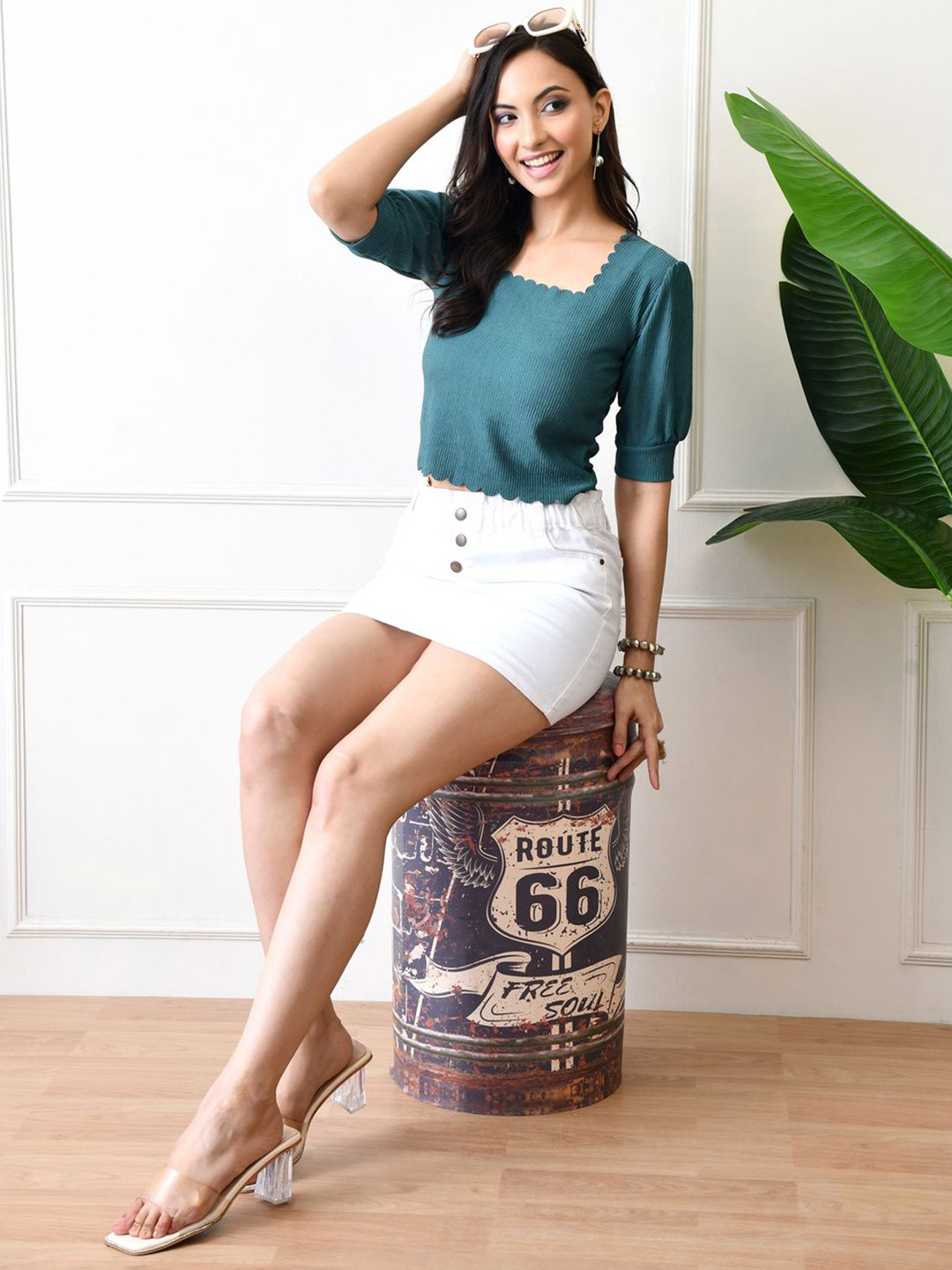 Gladly  Square Neck Puff Sleeves Ribbed Fitted Crop Top