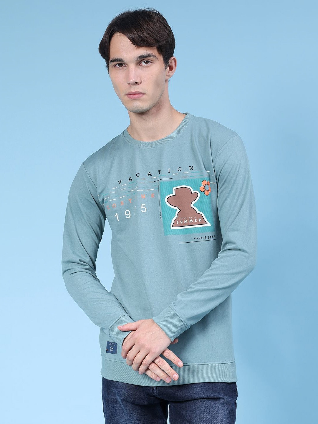 V-Mart Men Graphic Printed Round Neck Loop Knit Pullover Casual Sweatshirt