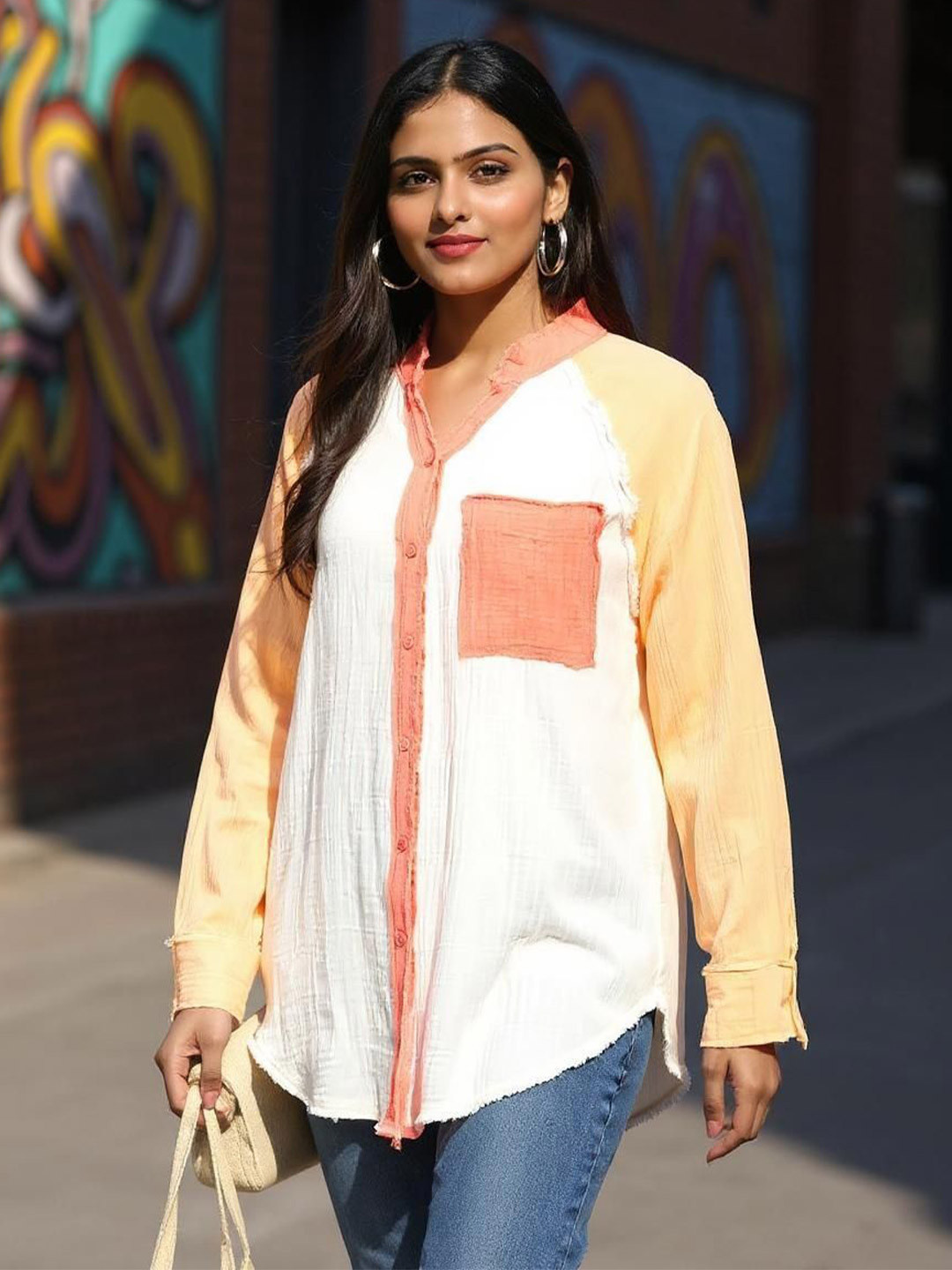 GLAM & CHIQUE Women Textured Oversized Shirt with Patch Pocket