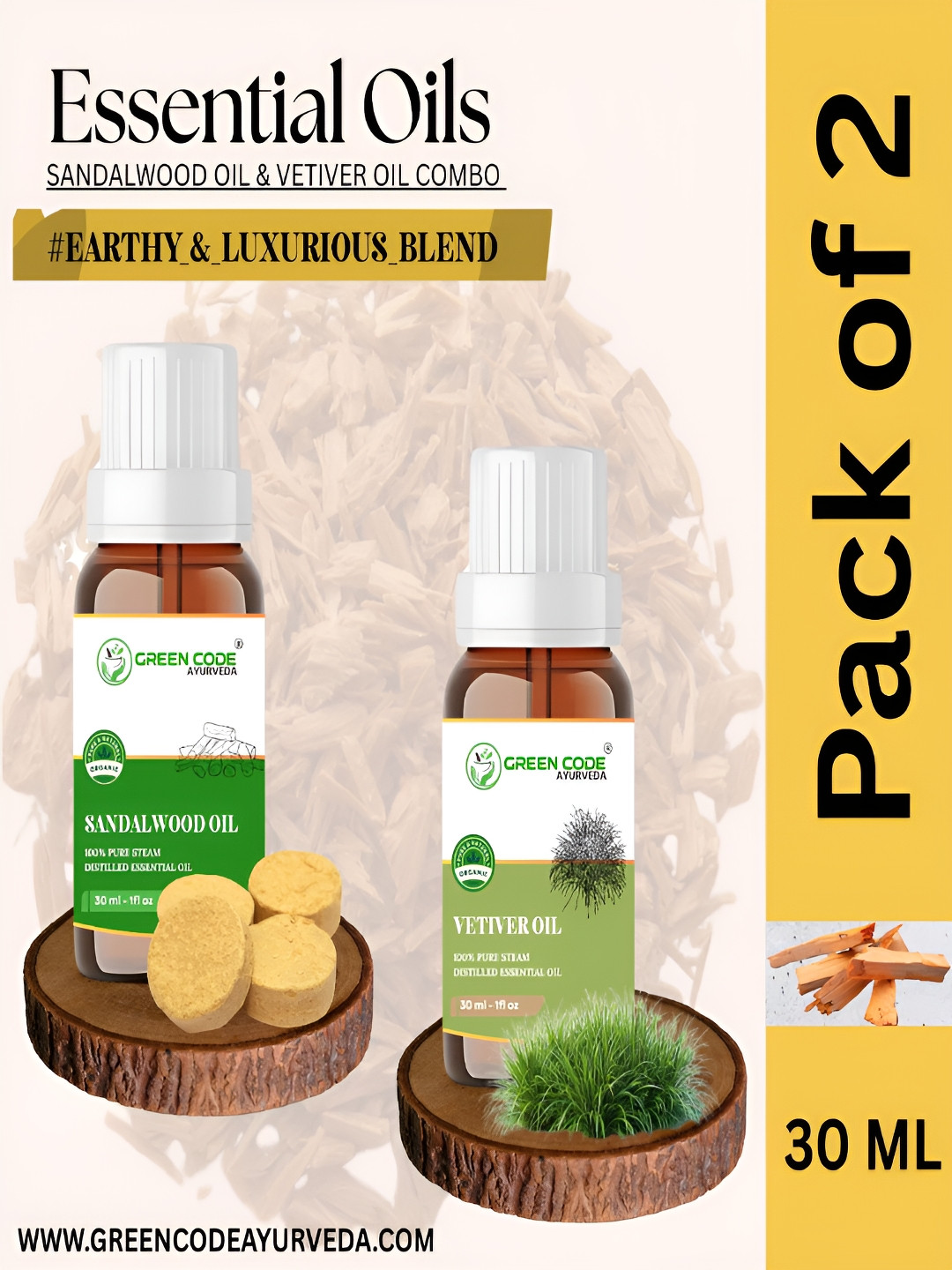 GREEN CODE AYURVEDA  Set Of 2 100% Pure Sandalwood & Vetiver Essential Oils - 30 ml Each