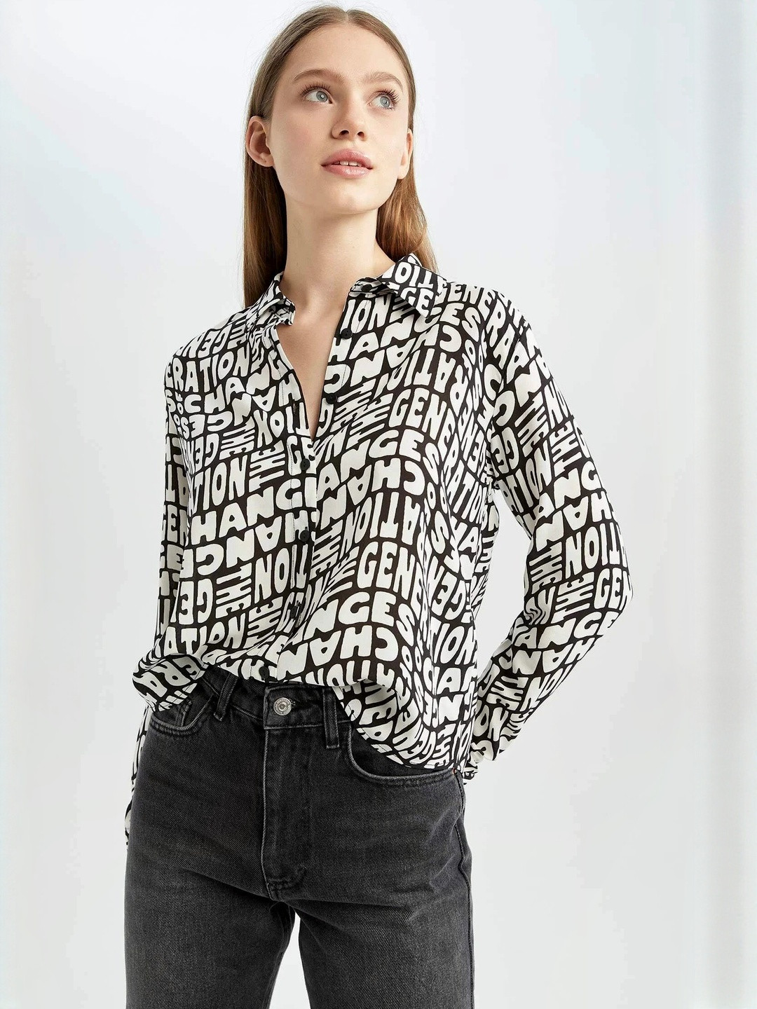 HERE&NOW Women Regular Fit Standard Typographic Printed Casual Shirt