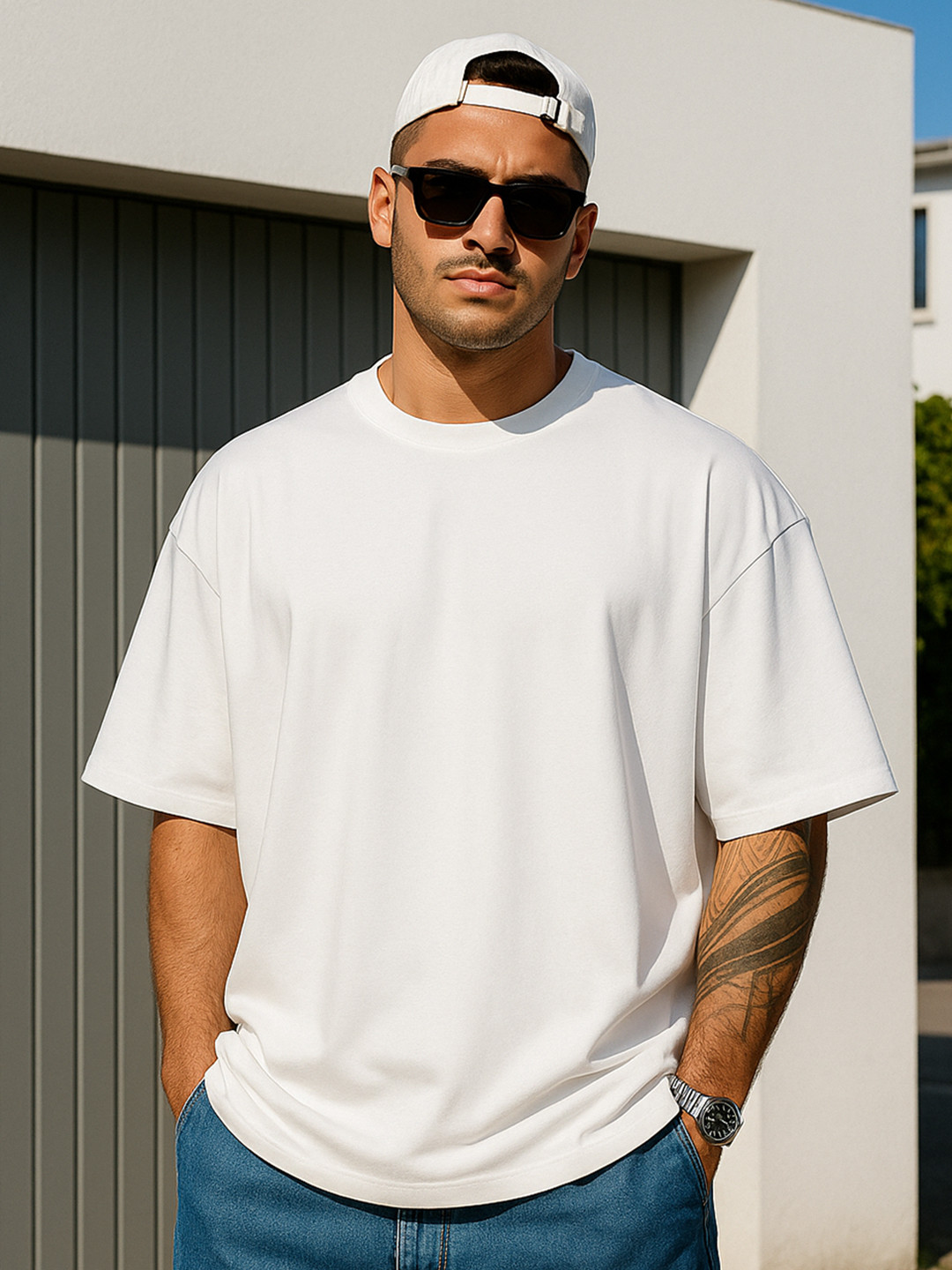 VEIRDO White Drop-Shoulder Sleeves Pure Cotton Oversized T-shirt