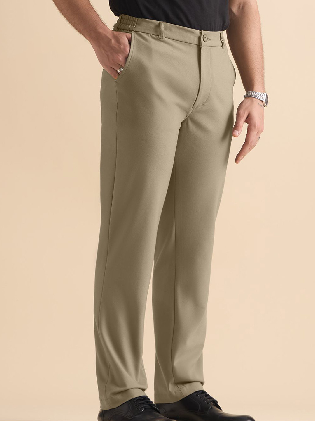 The Souled Store Men Sand Dune Classic Slim Fit Mid-Rise Trousers