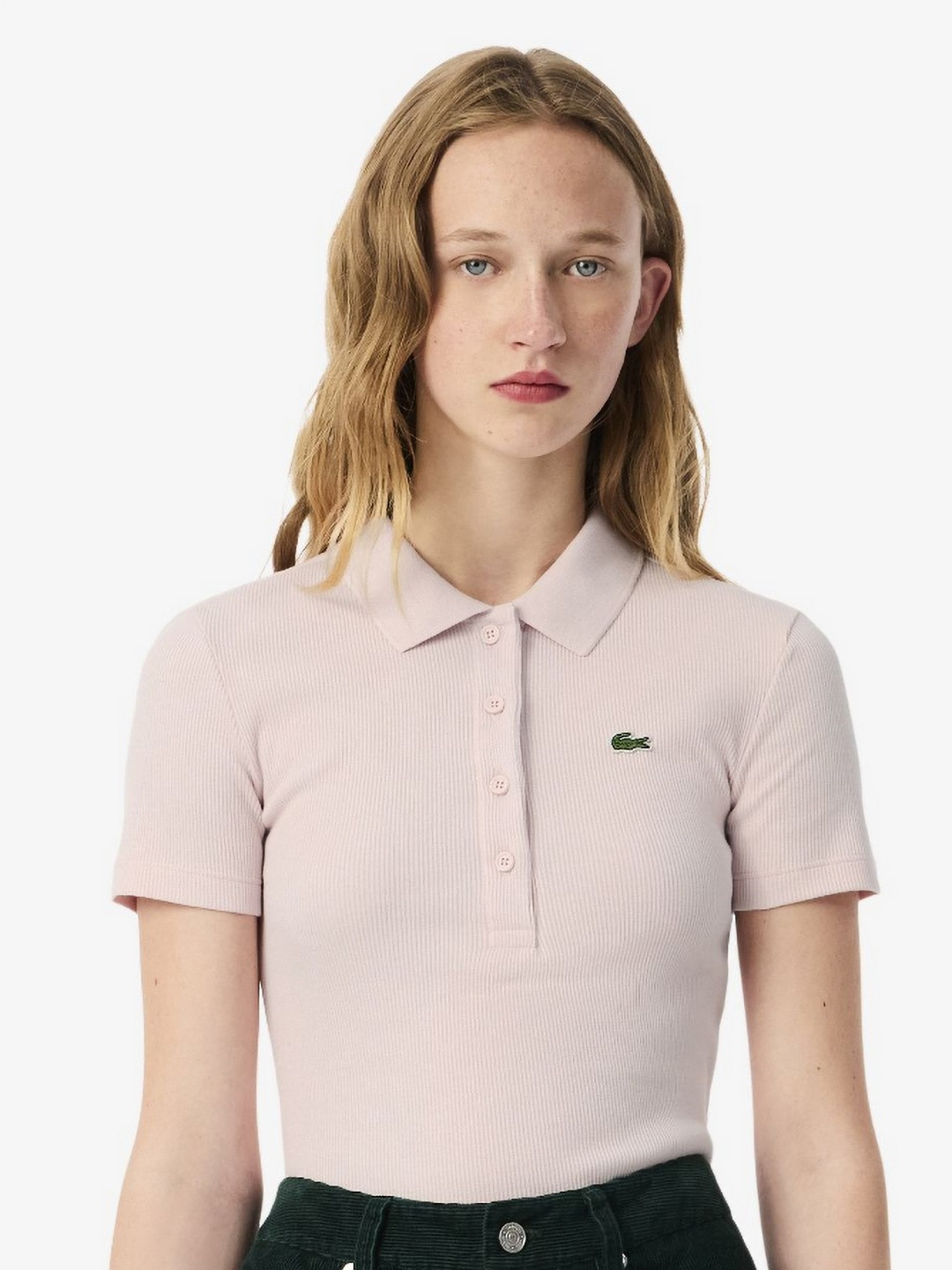 Lacoste Women Self Design Polo Collar Pure Cotton T-shirt